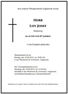 Sterbevermeldung Josef Loy, Weikering (Vogtareuth)