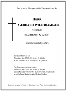 Sterbevermeldung Gerhard Willnhammer