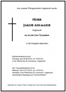 Sterbevermeldung Jakob Adlmaier