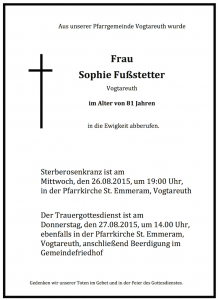 Sterbevermeldung Sophie Fußstetter