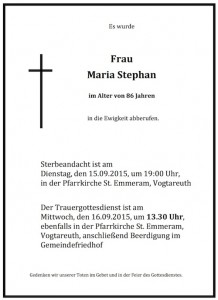 Sterbevermeldung Maria Stephan
