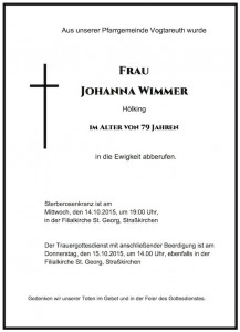 Sterbevermeldung Johanna Wimmer, Hölking