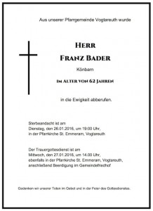 Sterbevermeldung Franz Bader, Könbarn