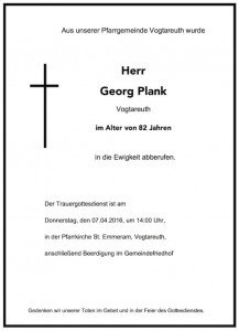 Sterbevermeldung Vogtareuth: Georg Plank