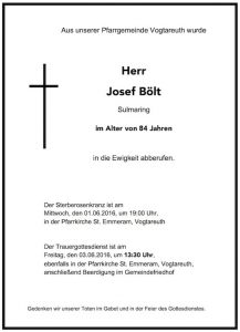 Sterbevermeldung Josef Bölt, Vogtareuth