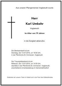 Sterbevermeldung Karl Umkehr