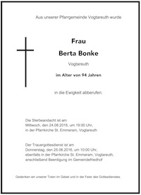 Sterbevermeldung Berta Bonke, Vogtareuth