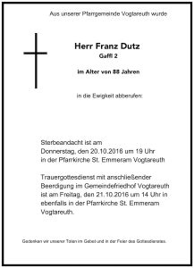 Sterbevermeldung Franz Dutz sen., Gaffl