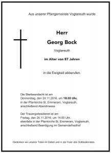 Sterbevermeldung Georg Bock, Vogtareuth