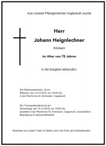 Sterbevermeldung Johann Heignlechner Könbarn