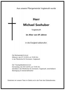 Sterbevermeldung Michael Seehuber, Vogtareuth