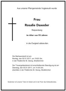 Sterbevermeldung Rosalie Daxeder, Reipersberg