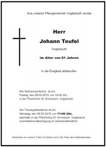 Sterbevermeldung Hans Teufel, Vogtareuth