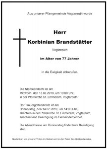Sterbevermeldung Korbinian Brandstätter, Vogtareuth