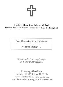 Sterbevermeldung Katharina Gratz, Buch