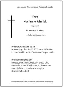 Sterbevermeldung Marianne Schmidt, Vogtareuth