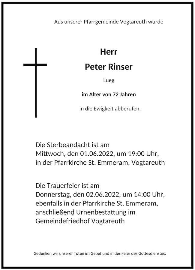 Sterbevermeldung Peter Rinser, Lueg