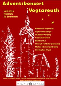 Plakateinladung zum Adventskonzert Vogtareuth am 10.12.2023 um 19:30 Uhr in St. Emmeram