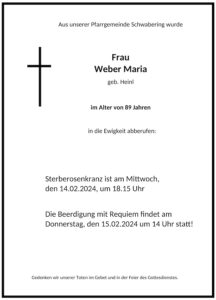 Sterbevermeldung Maria Weber, Schwabering