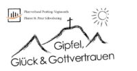 Logo des Formats Gipfel, Glück & Gottvertrauen: Grob skizzierte Berggipfel mit einem Kreuz, dazu eine Sonne, das Logo des Pfarrverbands und der Veranstaltungstitel.