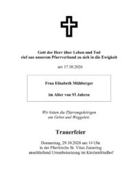 Sterbevermeldung Elisabeth Mühberger