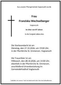 Sterbevermeldung Franziska Wechselberger